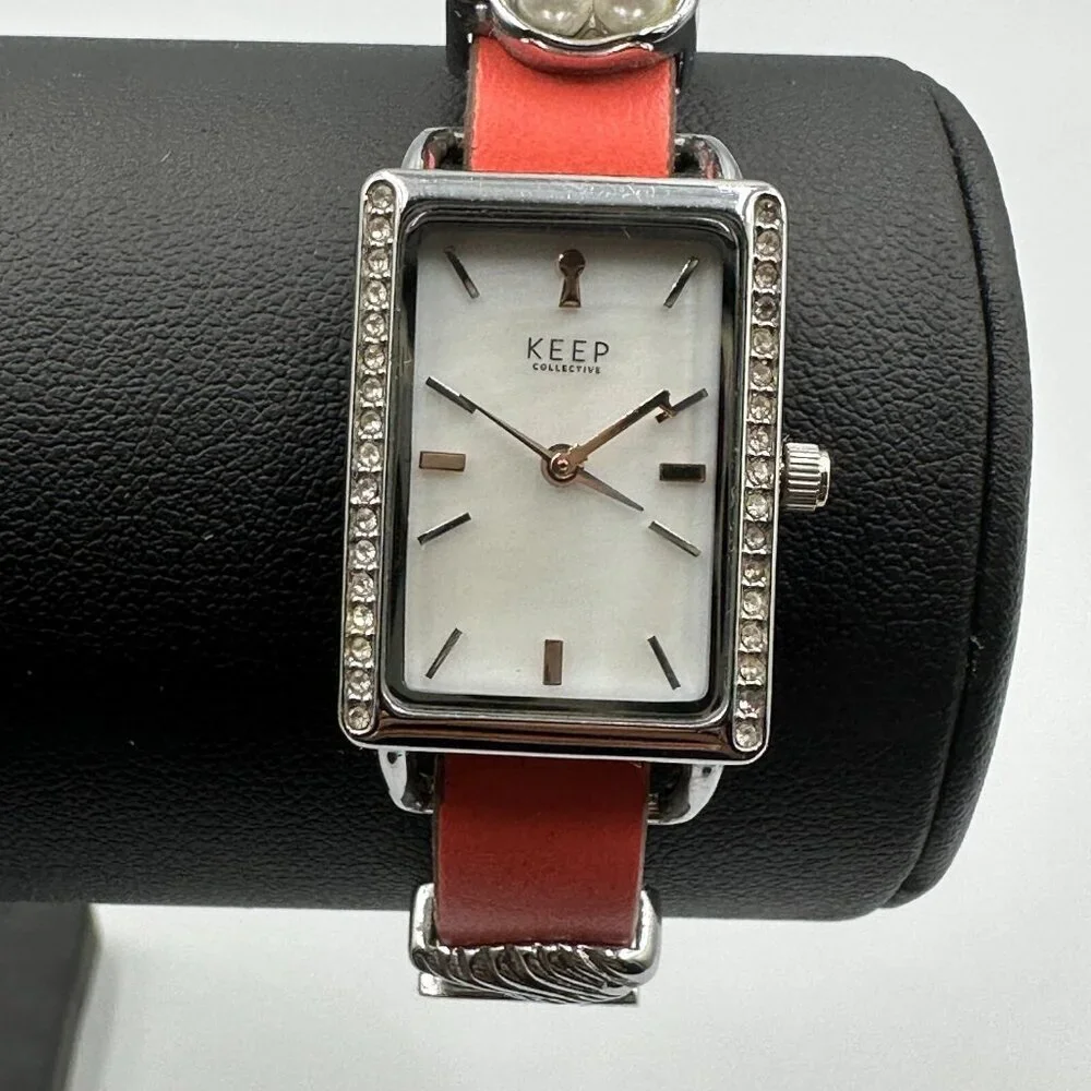 3/$30 Keep Collective Watch Women Silver Tone Orange Reversible Band New Battery
